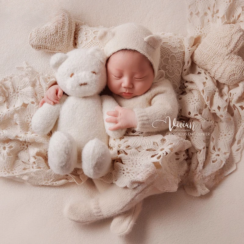

Newborn Photography Props High-end Handmade Knitted Cute Bear Outfit with Hat Blanket Wrap Baby Photoshoort Decor Accessories