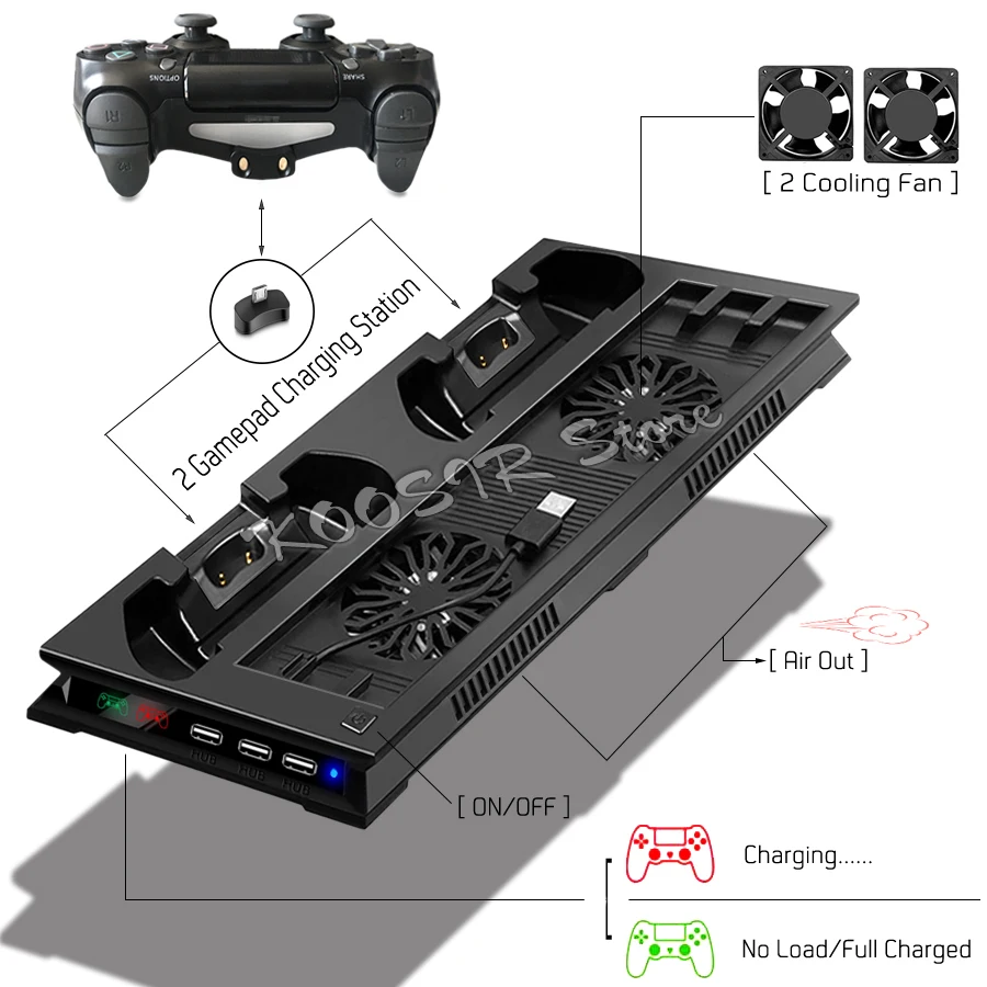 PS4 PRO SLIM Game Console Vertical Cooling Fan Stand 2 Gamepad LED Charging Station 3 HUB For Sony Playstation PS 4 Accessories