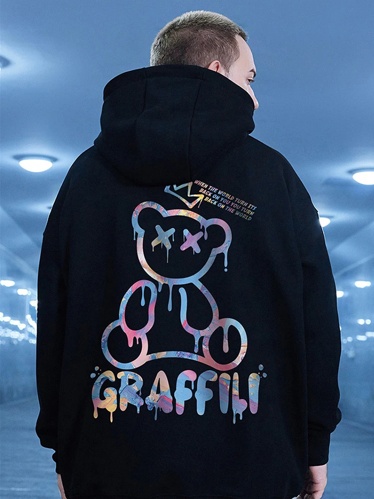 

High Street Graffiti Bear Print Men's Fleece Hoodie Retro Autumn Casual Pullover Hooded Sweatshirts Hip Hop Y2K Hoodies Clothes