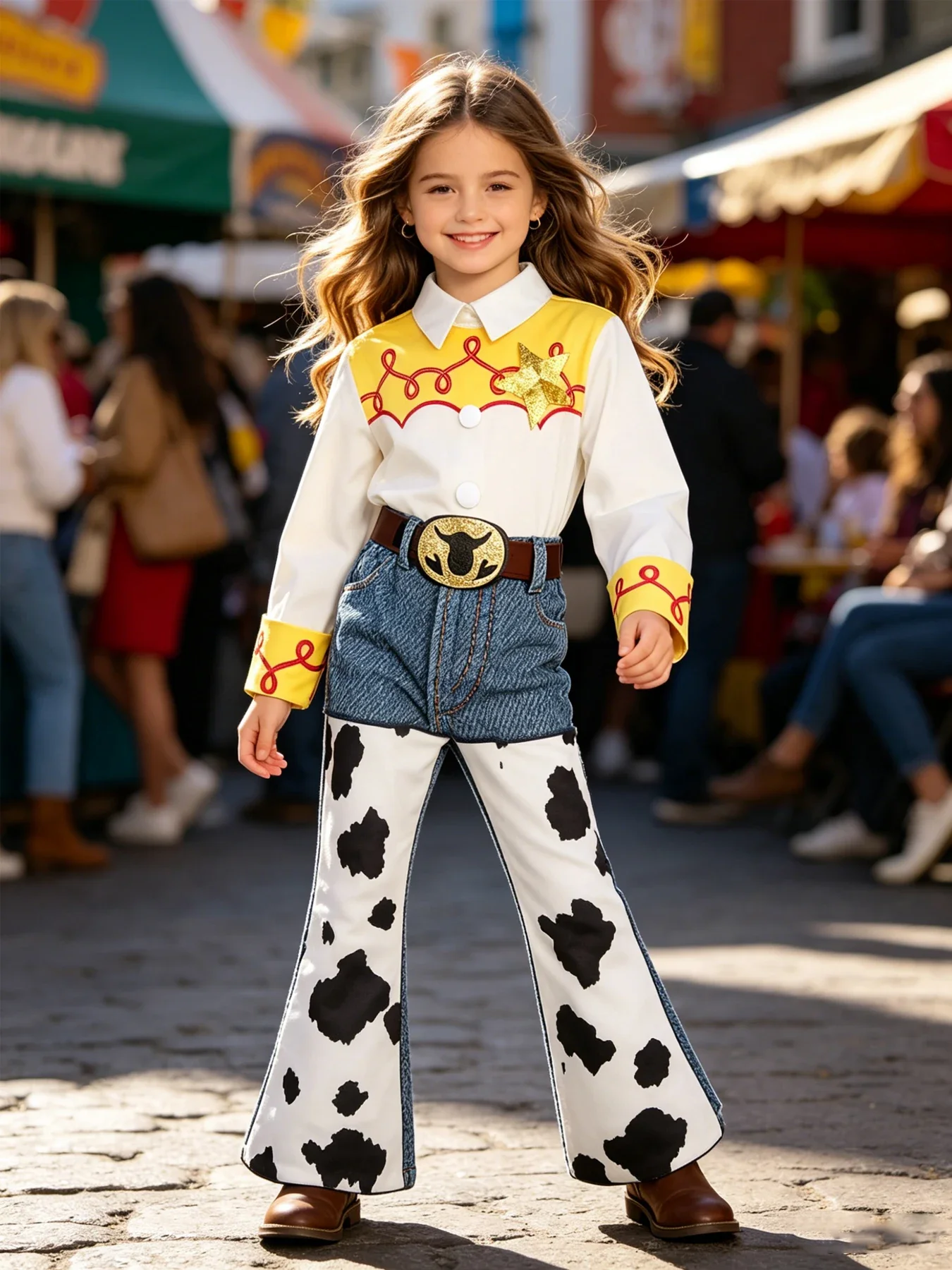 2 Stile Mädchen Western Ranch Cowboy Set Langarm-Oberteil mit Kuhmuster Schlaghose Kinder Halloween Cosplay Auftrittskleidung – Detail 2