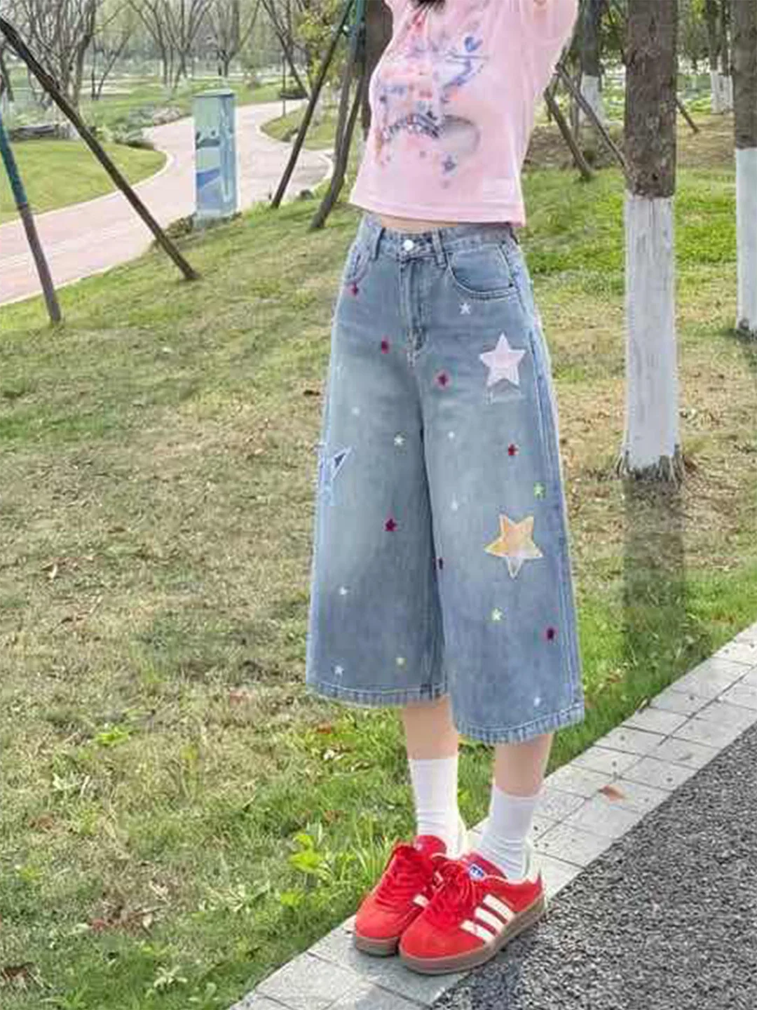 

Summer 2026 High Waist Straight Leg Thin Denim Jeans Women's Retro Star Patchwork Durable Breathable Comfortable Fit Jeans