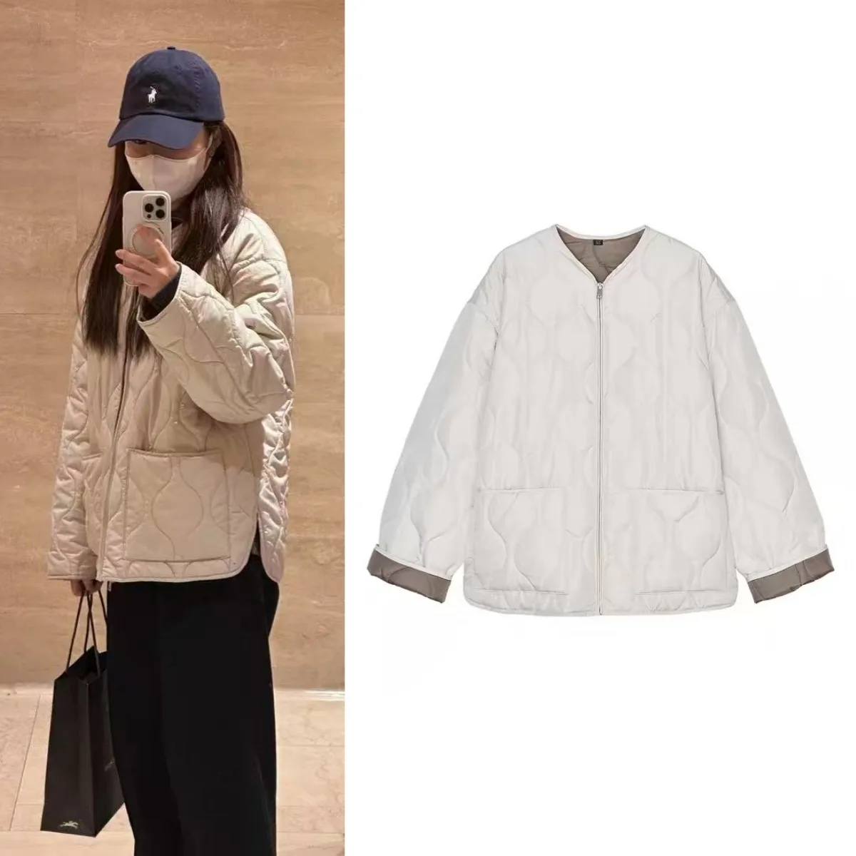 

LIBIELIY New Product Women's Comfortable Round-neck Zipped Pocket Cotton-padded Jacket With Loose Fit Quilted Coat