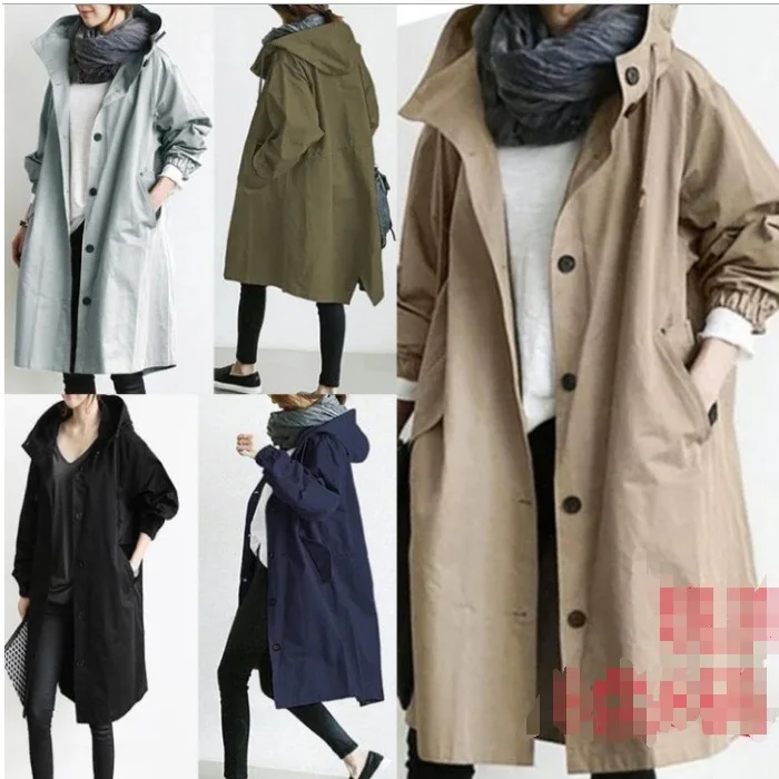 

Women Winter Autumn Clothing Fashion Casual Long Sleeves Loose Waist Button Trench Coat Jacket