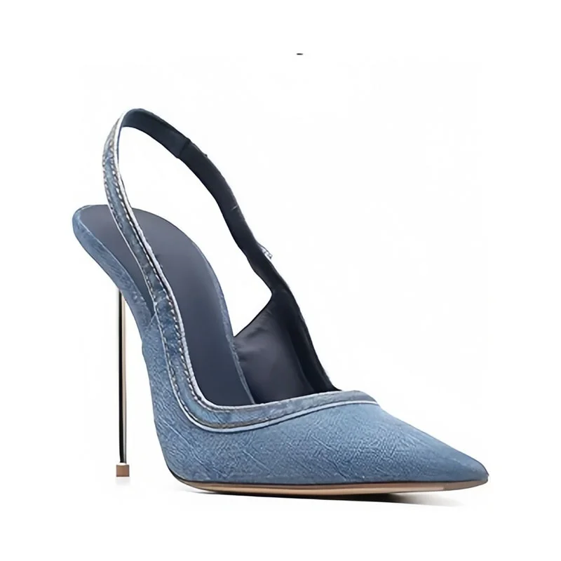 Arden Furtado 2025 Summer blue denim Metal heel Closed toe Sandals Pointed toe Sexy Super high heel Back Stra Modern Sandals