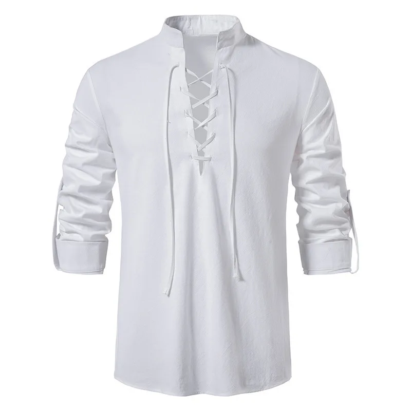 Men's Medieval Lace Up Cotton Linen Shirt Stand Collar Roll Up Long Sleeve Retro Viking Pirate Casual Tops view 2