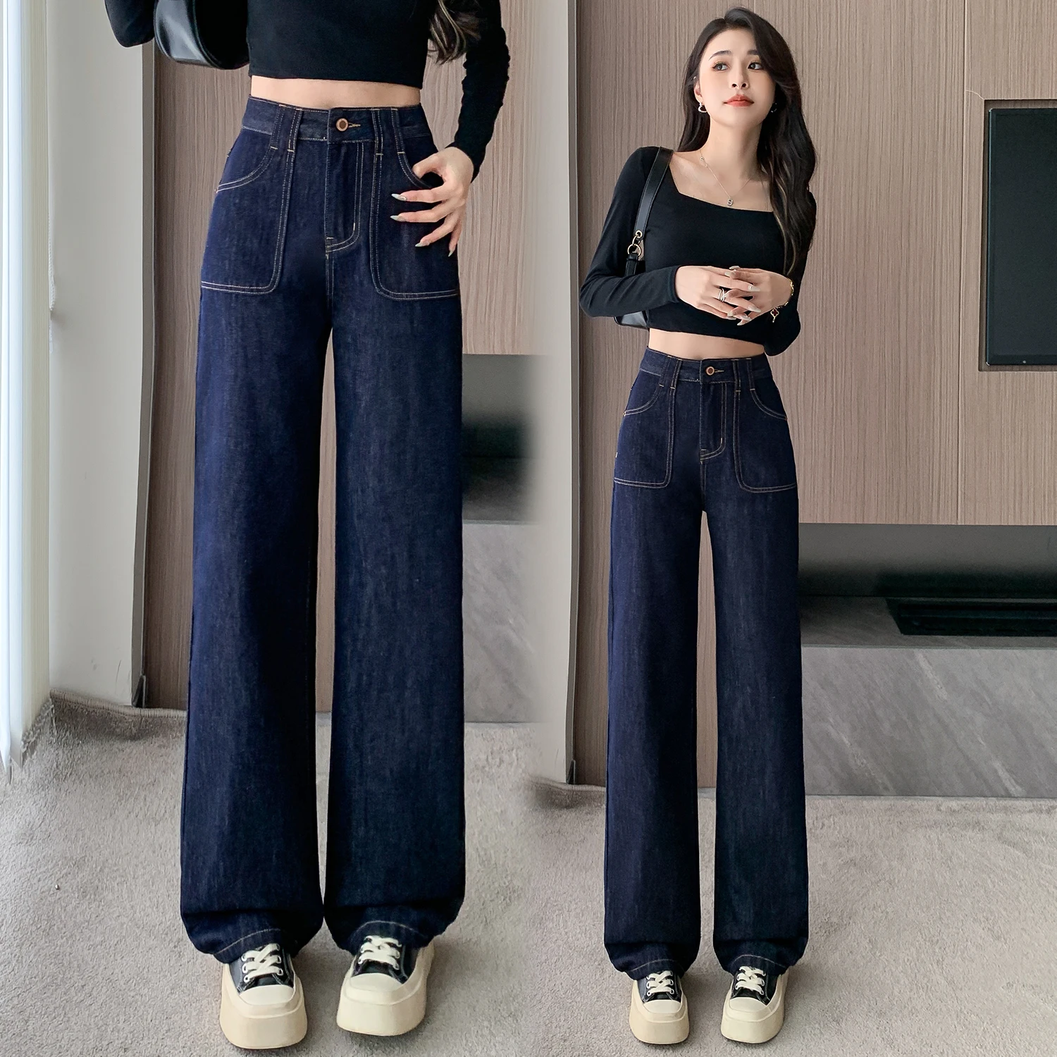 الشتاء رشاقته الصوف عالية الخصر واسعة الساق الجينز مستقيم قطع الطابق طول السراويل الصيف المرأة الجديدة Faion التخسيس #4
