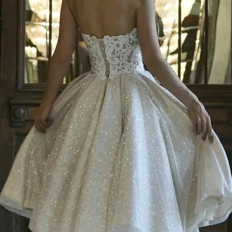 Robe de mariée courte à paillettes, épaules dénudées, corsage en dentelle, en Tulle scintillant, robe d'invitées de mariage personnalisable