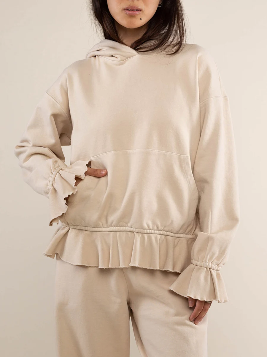 

Women Loose Hooded Hoodie Solid Color Rufles Hem Long Sleeve Sweatshirts with Kangaroo Pockets Female Fall Casual Pullovers Tops