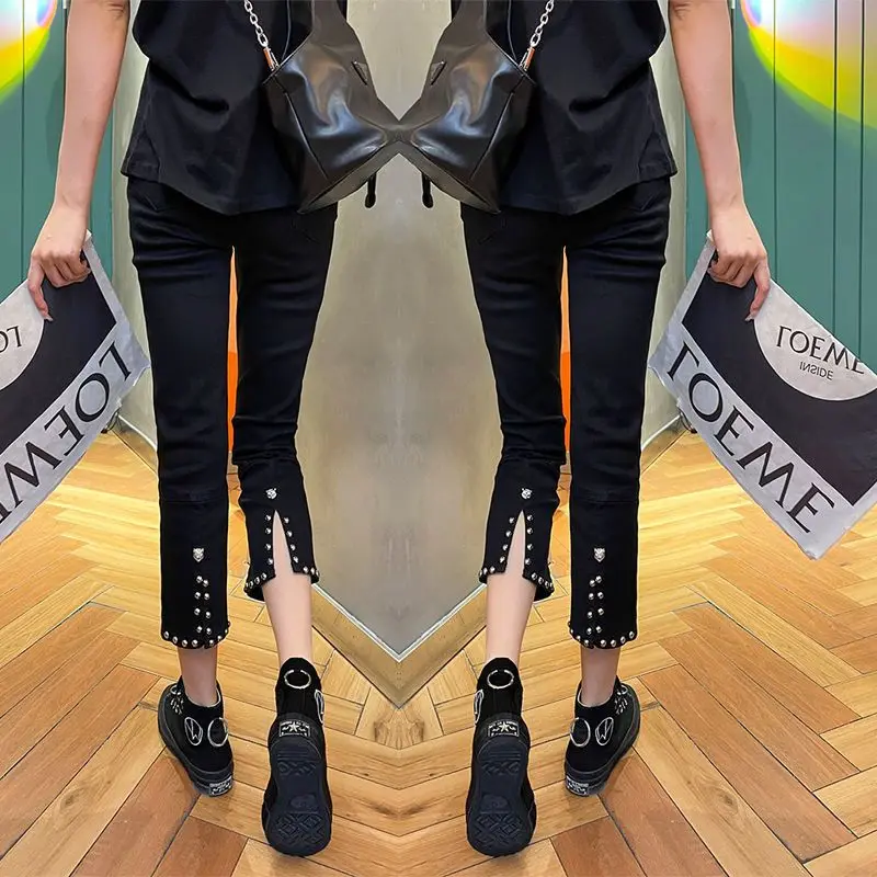 Back Ankle Button Retro Black Pants for Women Wide Leg Ripped Streetwear Casual Trousers Vibe Style Loose Pants