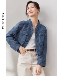 SENTUBILA Denim Jacket Women 2024 Autumn New Fashion Stand Collar Crop Jacquard Jean Jackets Long Sleeve Outerwear Top W33W50575