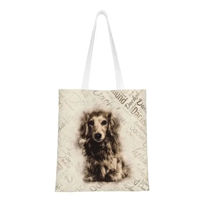 

Cute Printing Longhaired Dachshund Dog Shopping Tote Bags Portable Canvas Shoulder Shopper Badger Sausage Wiener Handbag