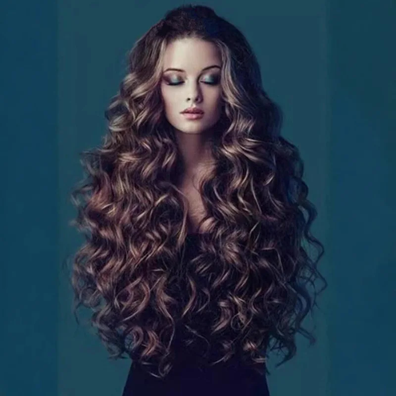 براون طويل حليقة شعر مستعار المرأة الاصطناعية رقيق كوس موجة كبيرة روز صافي الشعر التمديد ارتفاع درجة الحرارة الحرير الشعر التمديد