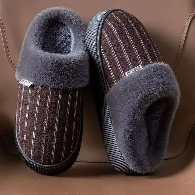 2026 شباشب قطنية رجالية للشتاء والخريف للاستخدام المنزلي الداخلي مضادة للانزلاق مخططة قطيفة دافئة وناعمة نعال قماش 40-47 #2