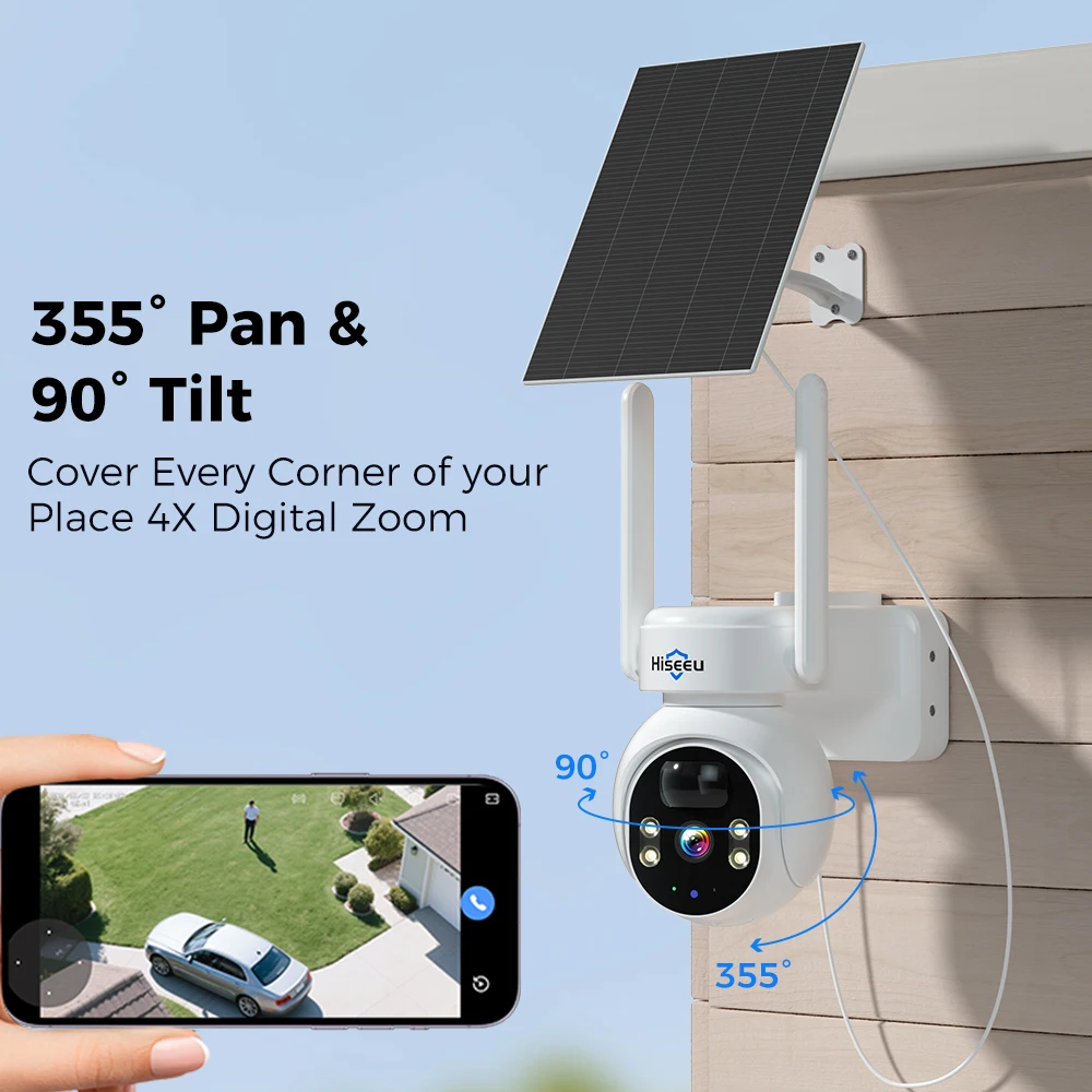 Hiseeu 4G Solar Camera 4MP Waterproof IP Camera Two-way audio PIR Human Detection P2P Night Vision With 9000mAh Battery Camera