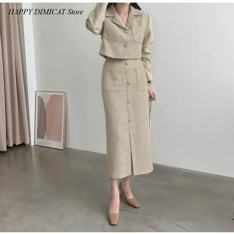 Women\'s Tweed Skirt and Blazer Suits, Coat, High Waist, Back Zipper, Elegant, Stylish, Short, 2 Piece Sets