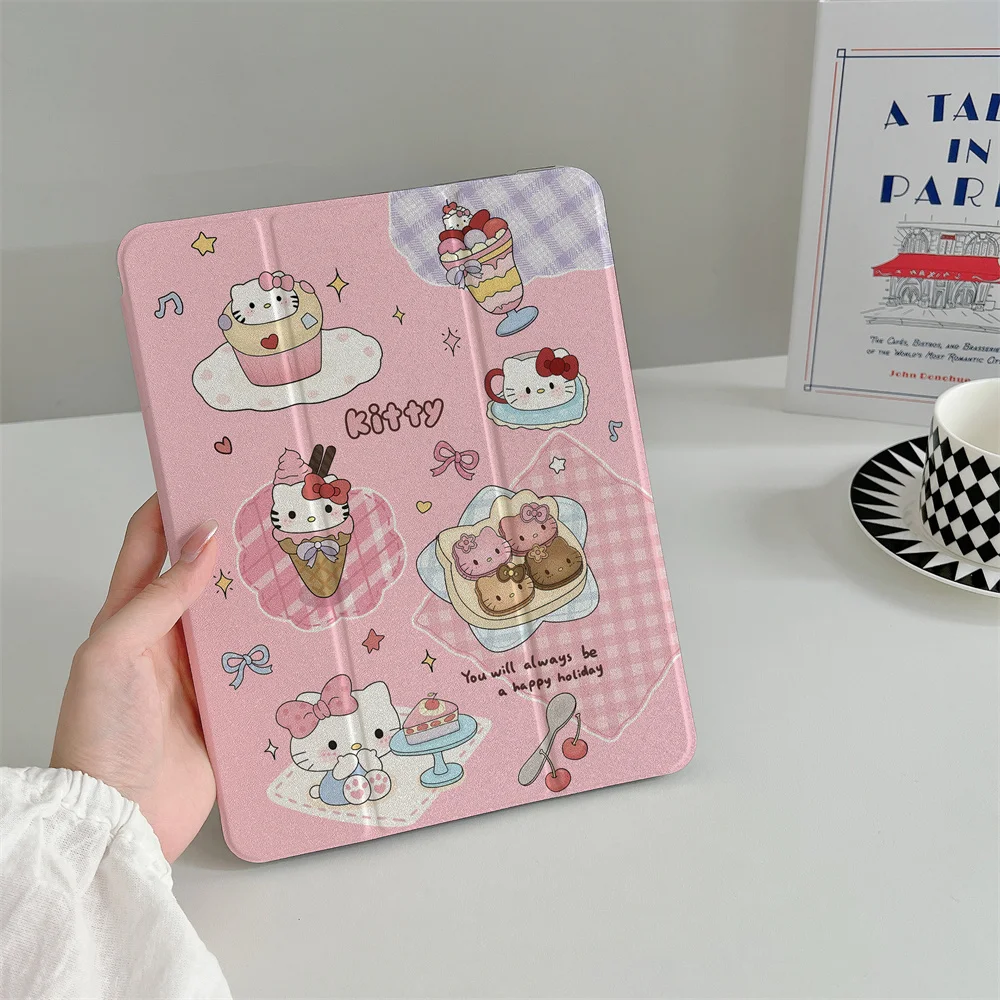 Cute Pink Hello Kitty Dessert Print iPad Case Tri-fold Stand Cover For 2024 iPad 11 Inch A16 Air 5 Air4 iPad 10 10.9 9.7 Inch