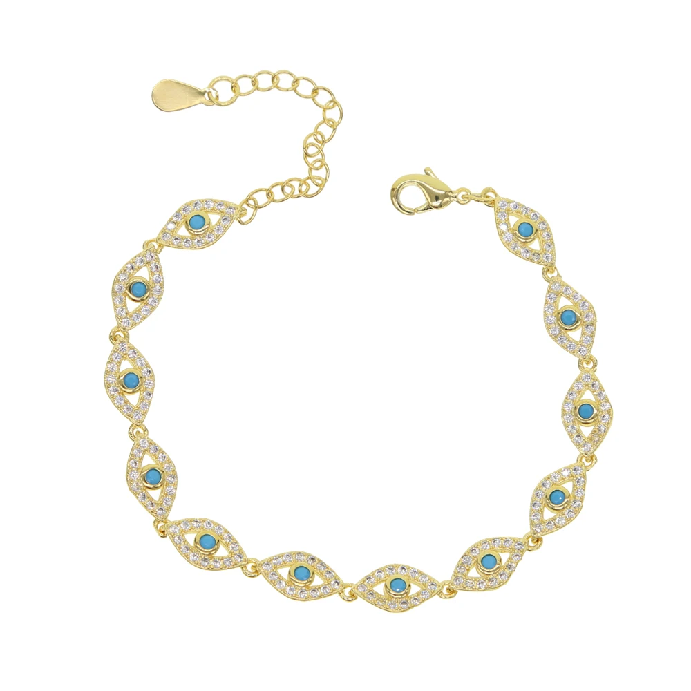 15+4cm gold color filled micro pave cz lovely turkish evil eye charm beads linked bracelet for girl women fashion jewelry