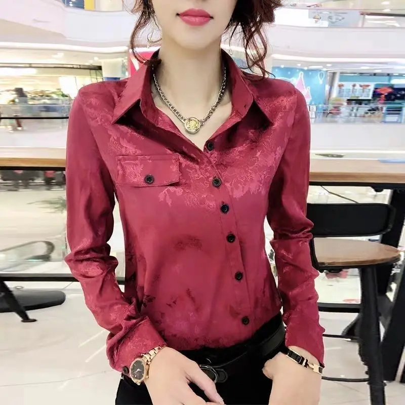 Spring and Autumn Women's Polo Long Sleeve Solid Slim Shirt Diagonal Buckle Fashion Casual Formal Office Lady Tops