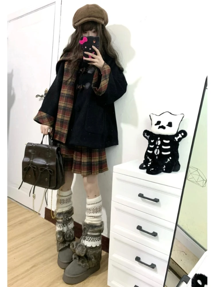 

Комплект из четырех предметов Original Tea Flower JK: шерстяное пальто, осенне-зимняя коллекция 2025, новый школьный стиль, свободный крой, длинный рукав, слегка удлиненный