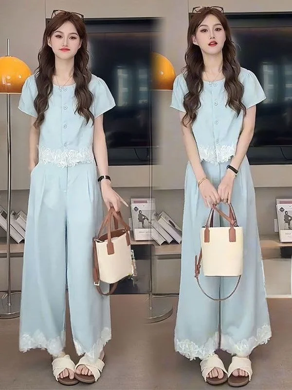 Slimming Effect Wide Leg Pants Two Piece Set Casual Lace Embroidery Splice Women's Fashion Summer Outfit Elegant Top Set