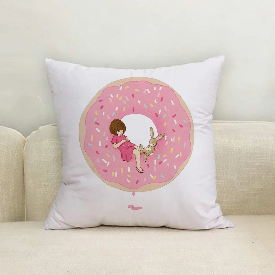 

Cute Donut Print Cushion Cover Decoration Children Room Living Room Pillowcase Home White Polyester Pillow Gift Customizable