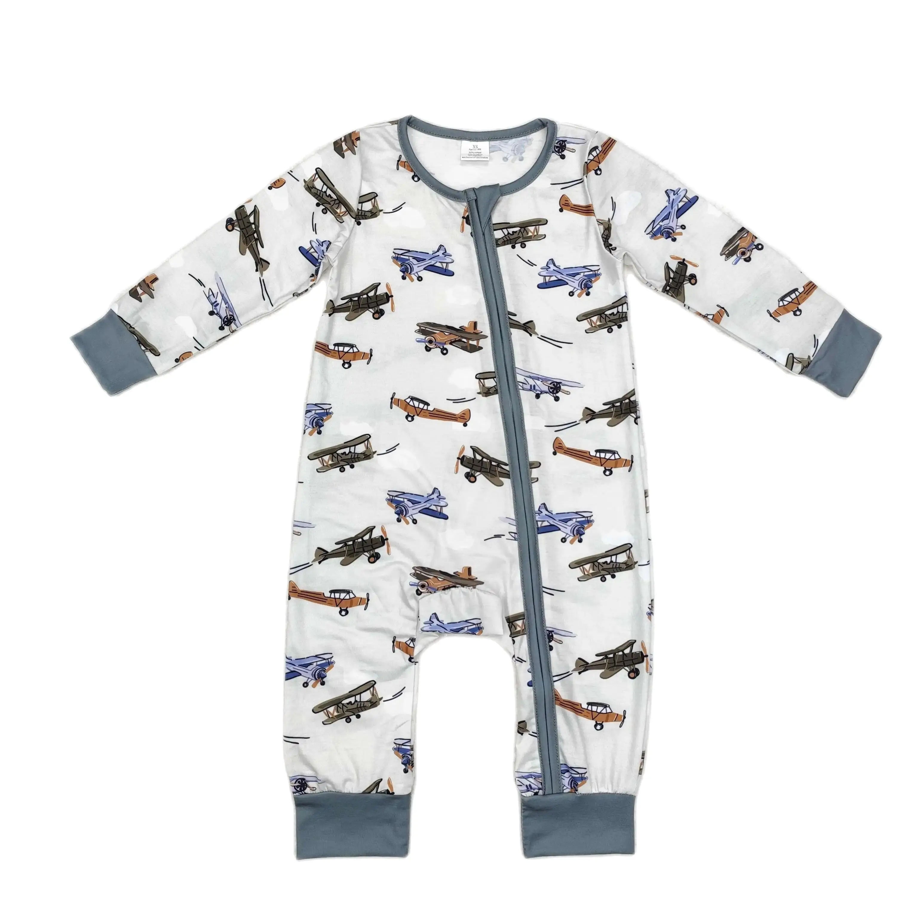 

LR1326 Baby Boy Clothes Long Sleeves Modal Airplane Beige Green Zipper Print With Children Clothes Rts No Moq