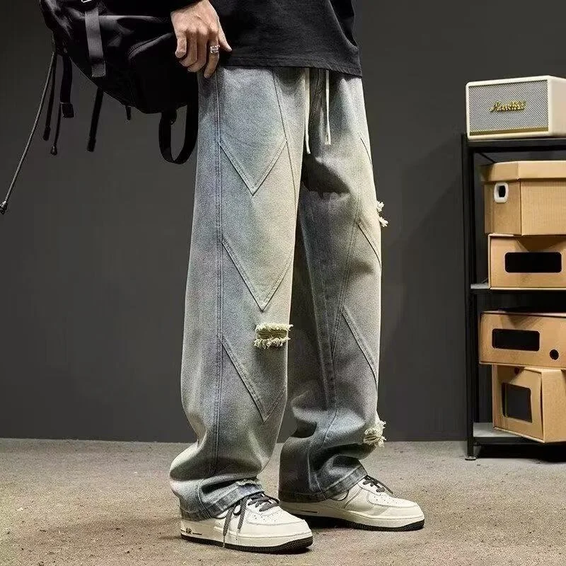 

Retro American High Street Waed Distred Wide Leg Loose Straight Tube Jeans for Men Trendy Brand Cool And Haome Long P...