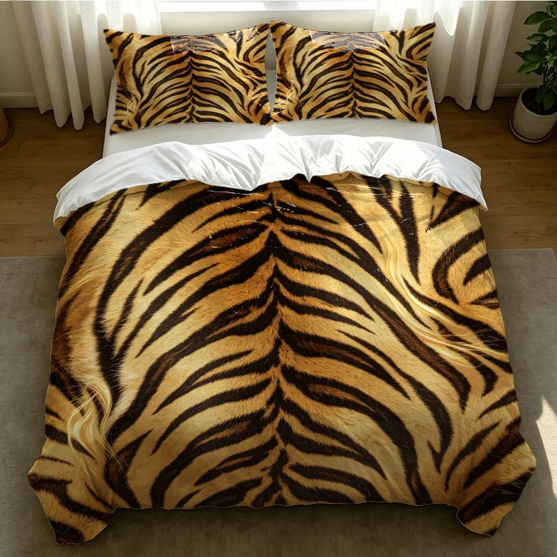 2/3Pcs Polyester Duvet Cover Set,Ultra-Soft,Breathable,Skin-Friendly,Durable,Tiger Stripes Fur Pattern,Fashion Bedroom Decor