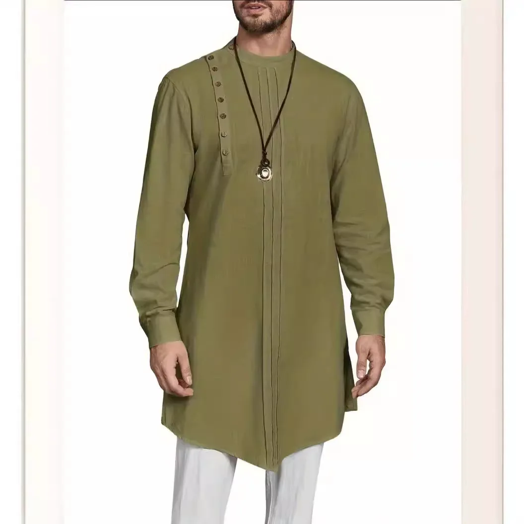 Chemise musulmane à manches longues pour hommes, robe décontractée, coton, lin, bouton, caftan, Thobe, mode musulmane, vêtements islamiques, 2024