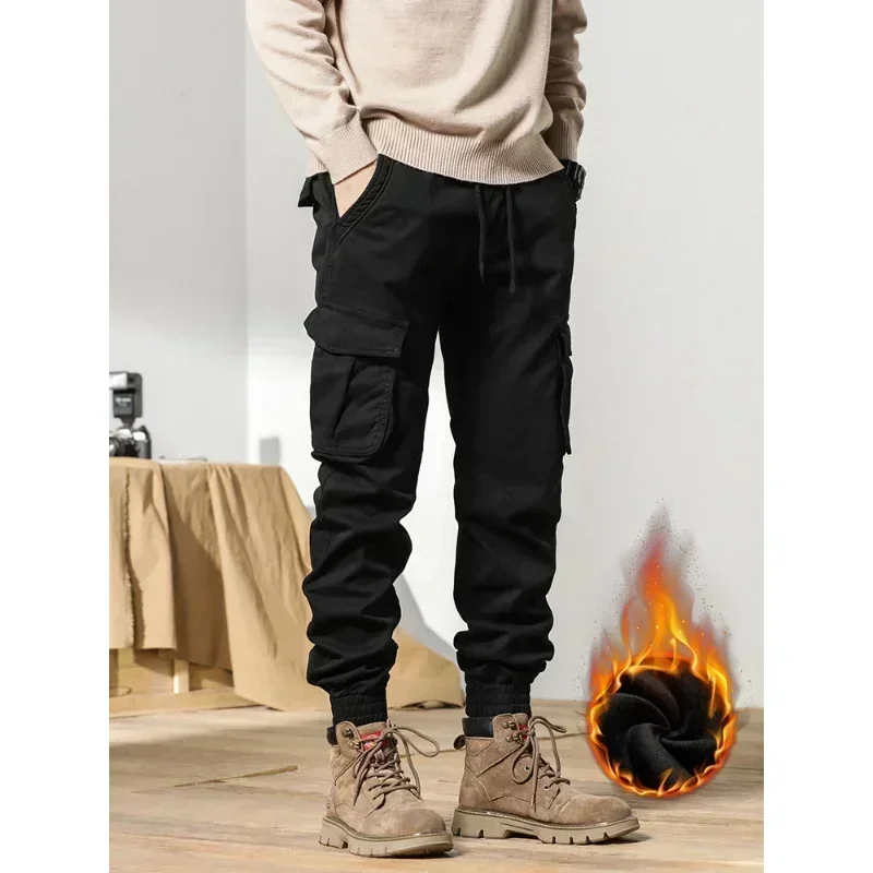 New Multi-Pockets Winter Cargo Pants Men Fleece Liner Thick Warm Slim Fit Joggers Streetwear Casual Cotton Thermal Trousers