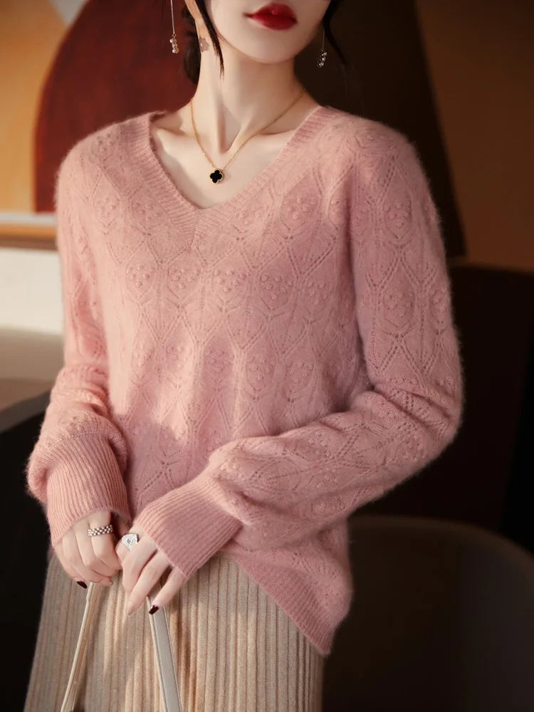 

New Autumn V-Neck Hollow Out Diamond Solid Color Long Sleeve Pullover 100% Merino Wool Women Sweater Higt-Quality Soft Tops