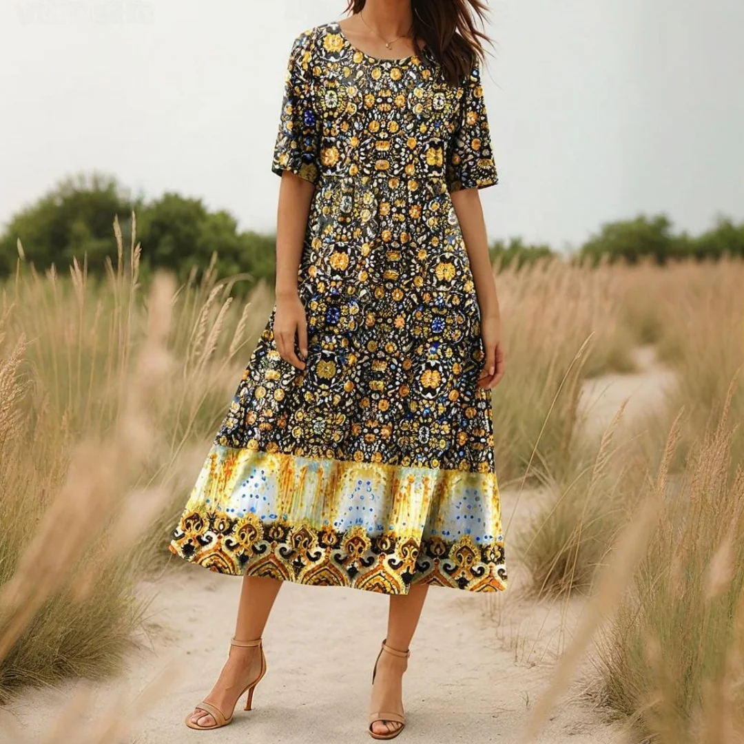 فستان نسائي برقبة دائرية على الطراز البوهيمي فستان صيفي للأماكن الخارجية بأكمام قصيرة ونمط هاراجوكو عتيق فساتين جديدة على شكل زهرة سحق
