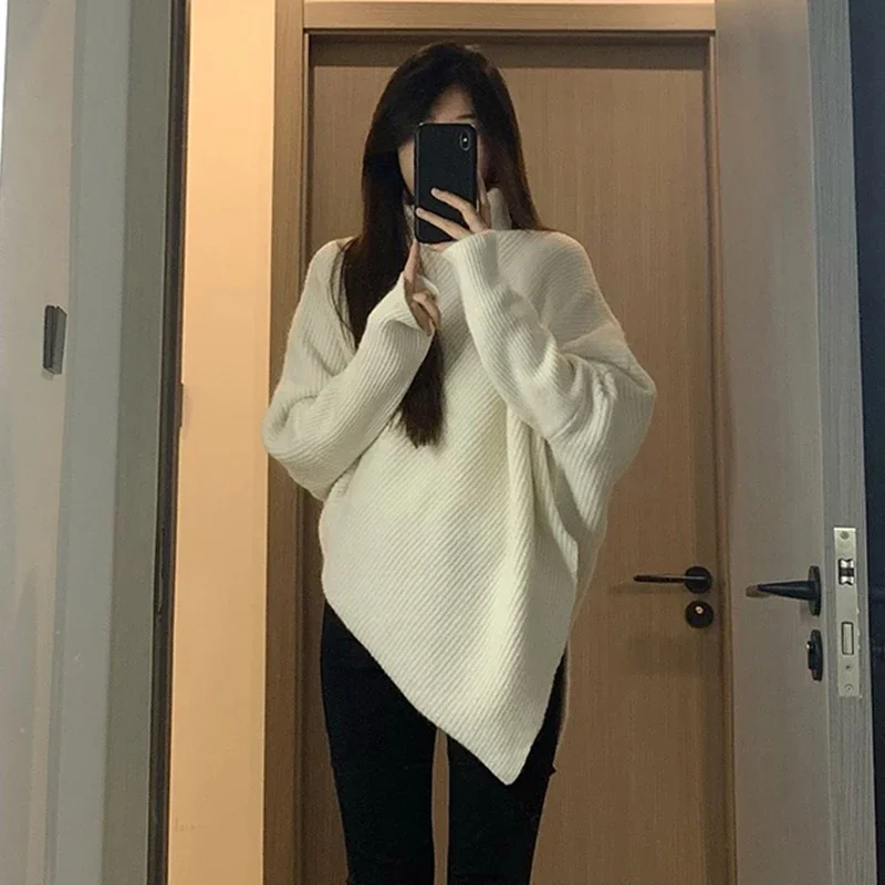 Thick Warn Women Sweaters Pullovers Korean Asymmetrical Loose Female Casual Tops Harajuku Turtleneck All Match Ladies Sweaters