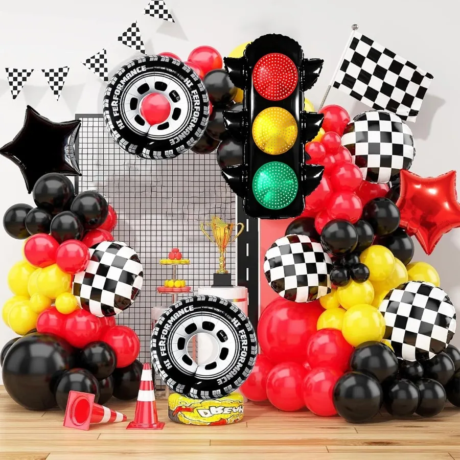 7個入りレーシングカーパーティーバルーンセット、信号機、チェッカーボール、タイヤバルーン、レーシングカーをテーマにしたファストワンツーファスト誕生日パーティー