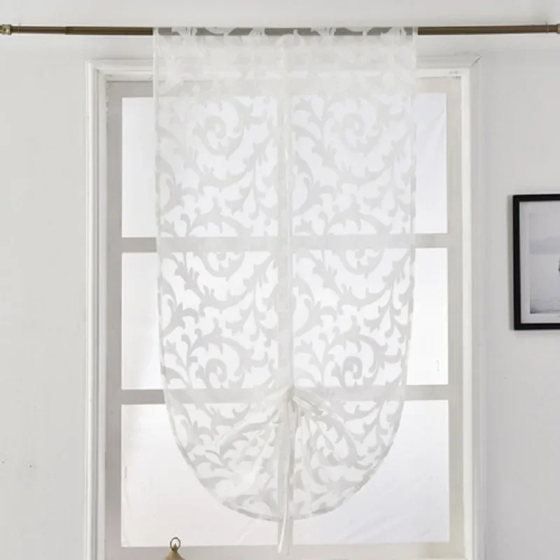 Short Kitchen Curtain Modern Window Treatment Tie up Balloon Home Textile Sheer Panel Tulle White Black Jacquard