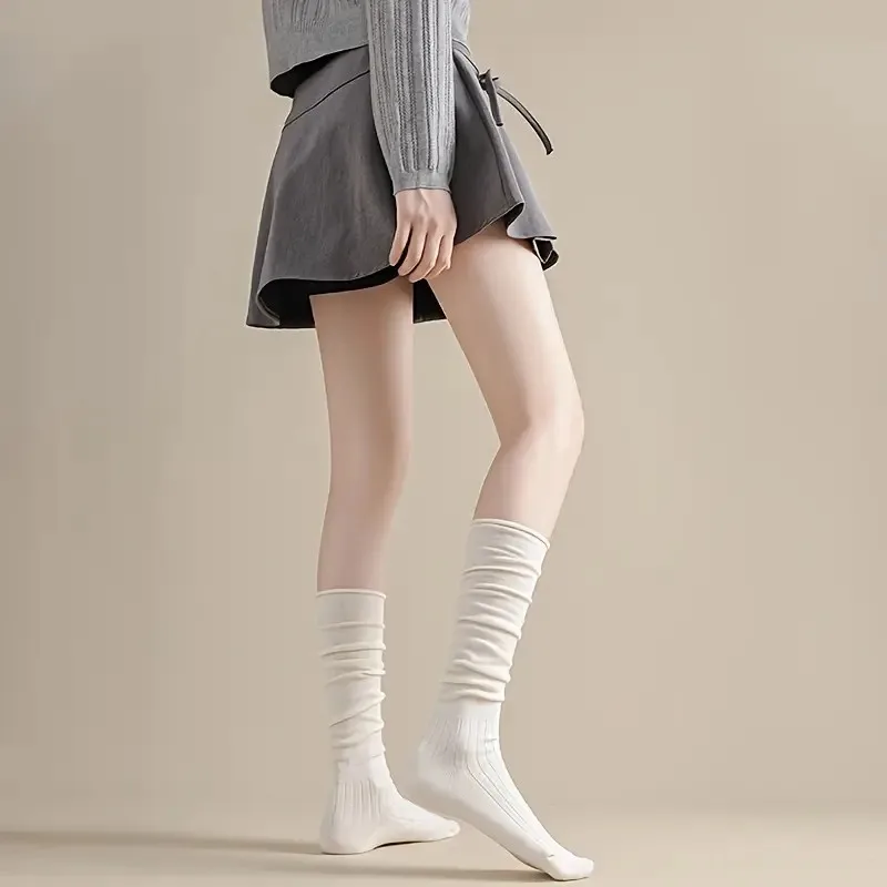 1/5 Paar elegante gerippte Damen einfarbige Wadensocken weich bequem modisch Frühling Herbst Freizeitstiefel Stapelsocken – Detail 3
