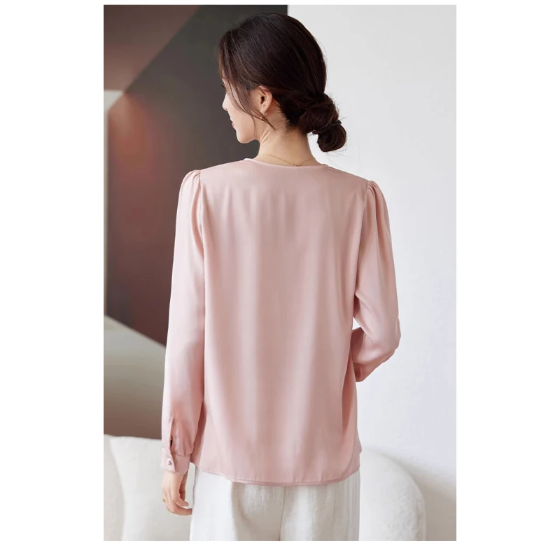 100% Mulberry Silk Ladies Long Sleeve Shirt Pink Silk V-neck Top Elegant, Beautiful Noble Business Leisure High-end Women's Wear