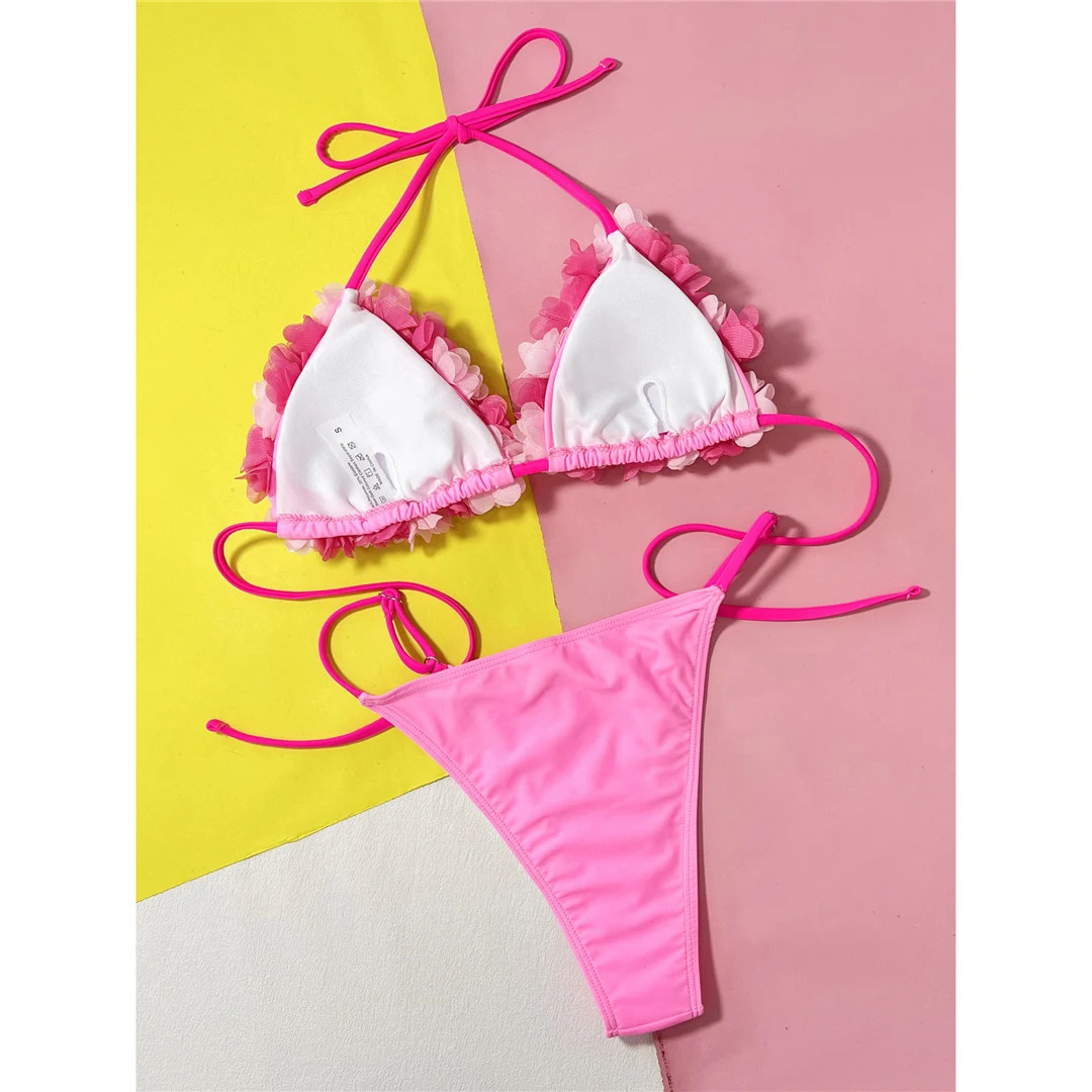 Sexy 3D-Blumen-Neckholder-Bikini mit hohem Beinausschnitt, Damen-Badeanzug, zweiteiliges Bikini-Set, Badebekleidung, Badeanzug, Modell V5386 – Detail 10