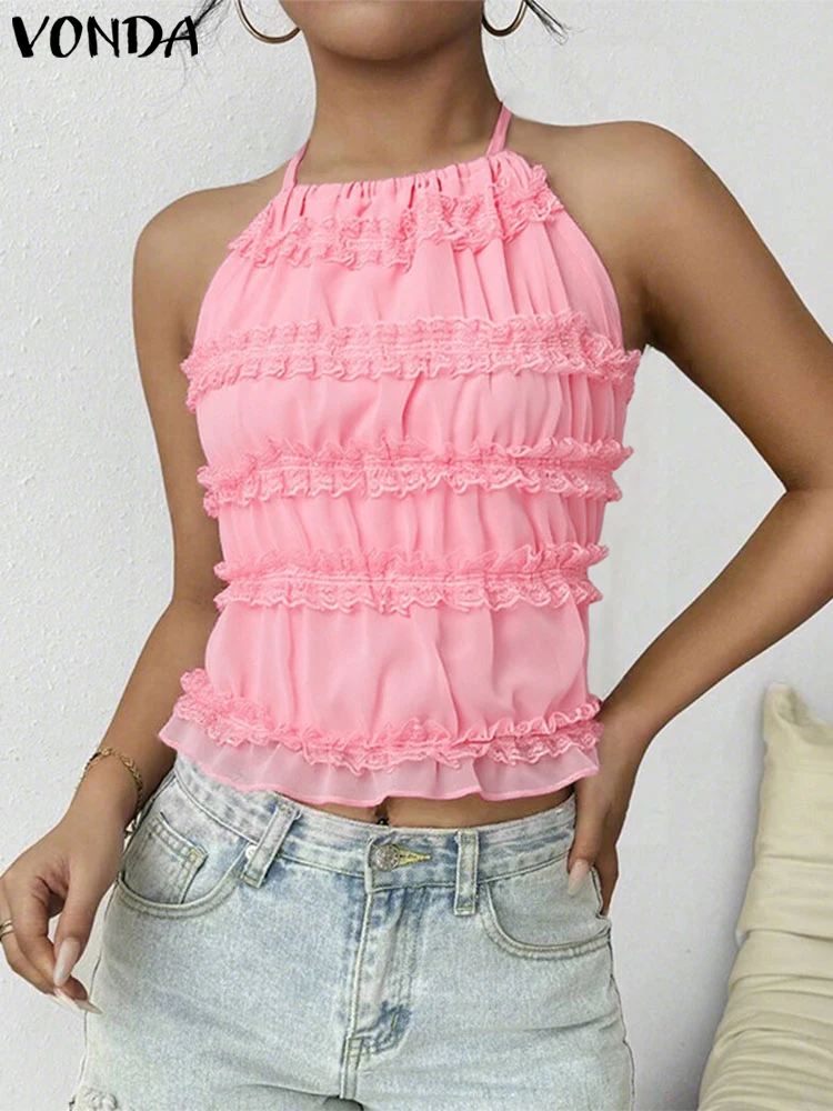 

2025 VONDA Summer Backless Tanks Women Chiffon Tops Sexy Back Lace-Up Tees Casual Solid Color Lace Blouse Fashion Beach Camis
