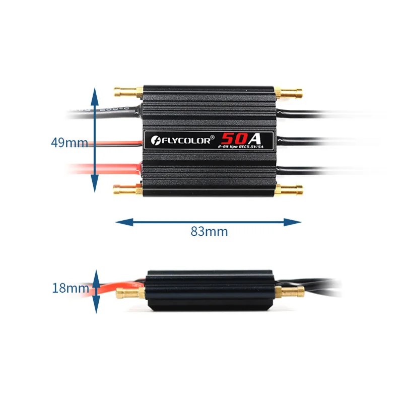 Regulator obrotów Flycolor 50A, wodoodporny, bezszczotkowy ESC do łodzi RC, 2-6S Lipo, BEC 5.5V/5A, plastikowy system chłodzenia wodą dla dziewcząt