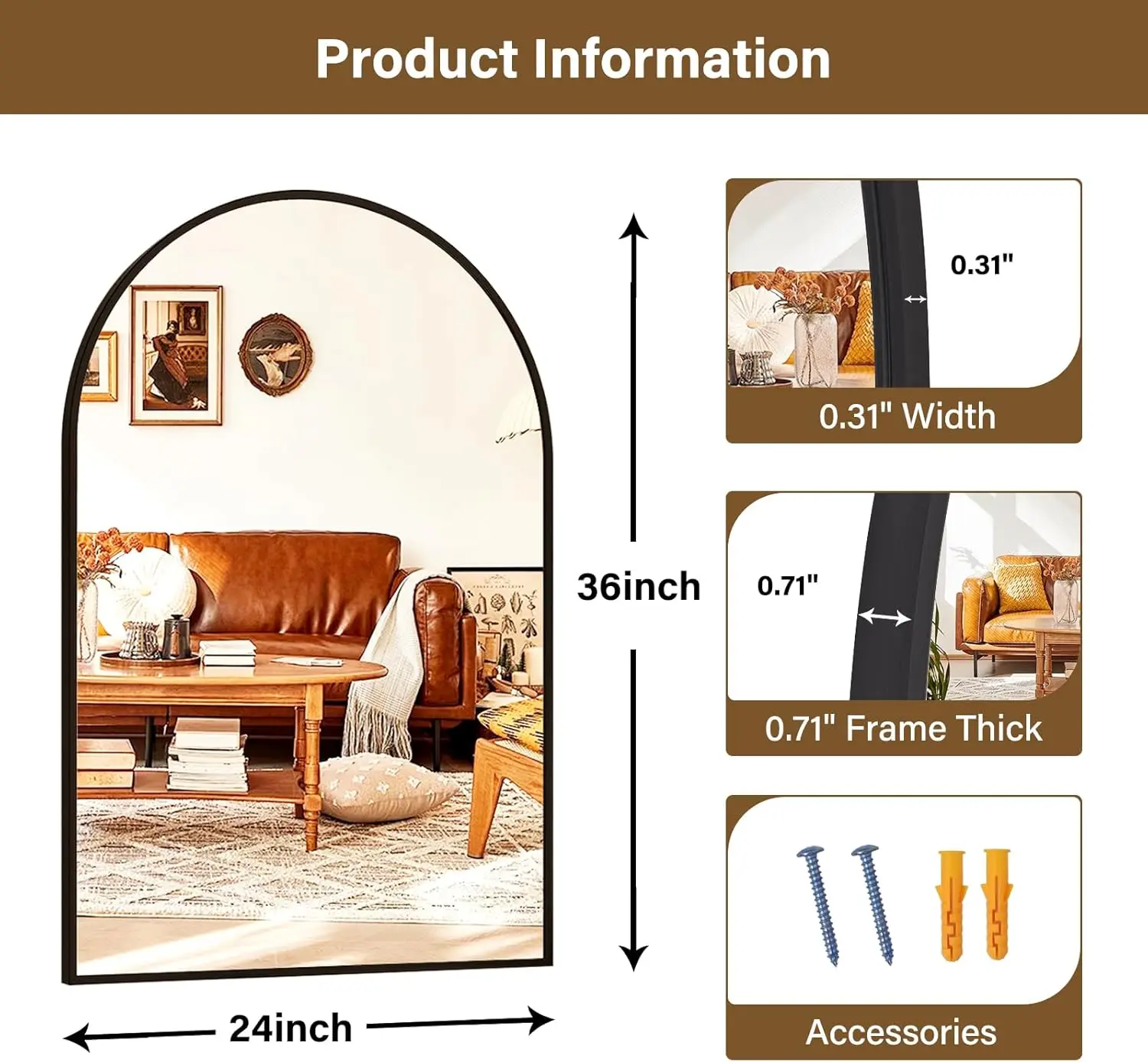 24x36인치 검정색 아치형 욕실 거울 (금속 프레임 포함), 화장대, 거실, 침실 장식용