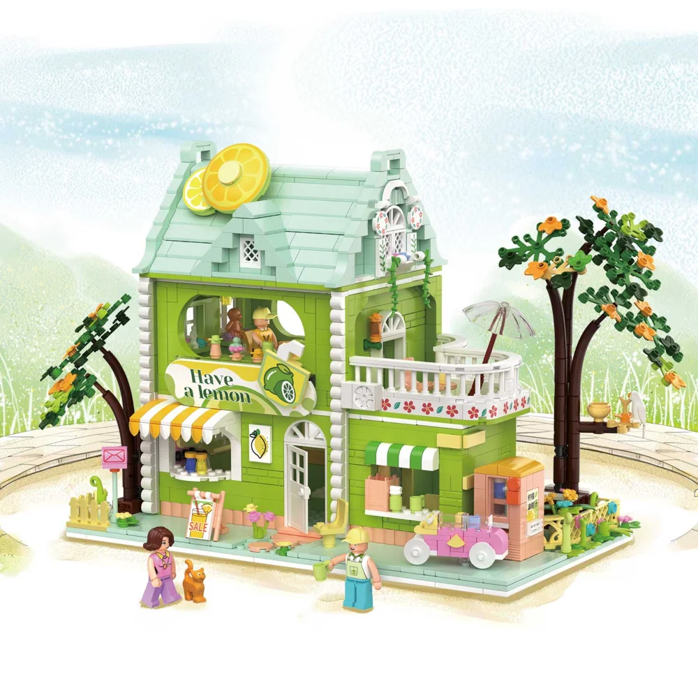 City Street View Store Assemble Model Lime Tea Shop Building Block Brick Creative Puzzle Toys for Kids Girl and Boy Gift