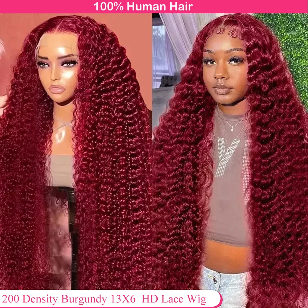 Deep Curly Burgundy 13x6HD Lace Frontal Human Hair Wig Preplucked 34 Inches 99 J Colored Human Hair Wigs 200 Density 13X4 Wigs