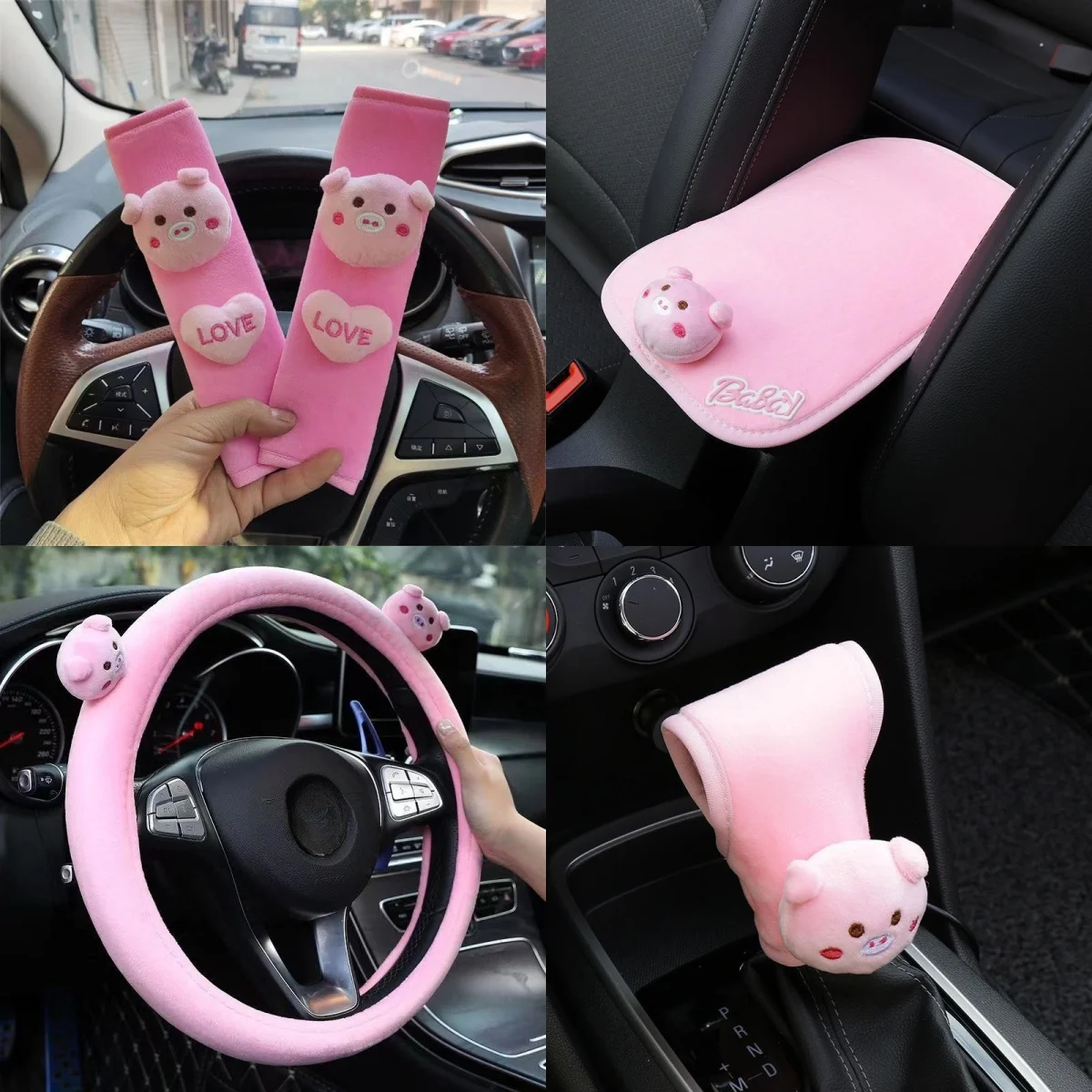 Housse de volant de voiture en forme de cochon, housse de ceinture de sécurité, boîte de rangement en tissu pour filles et femmes