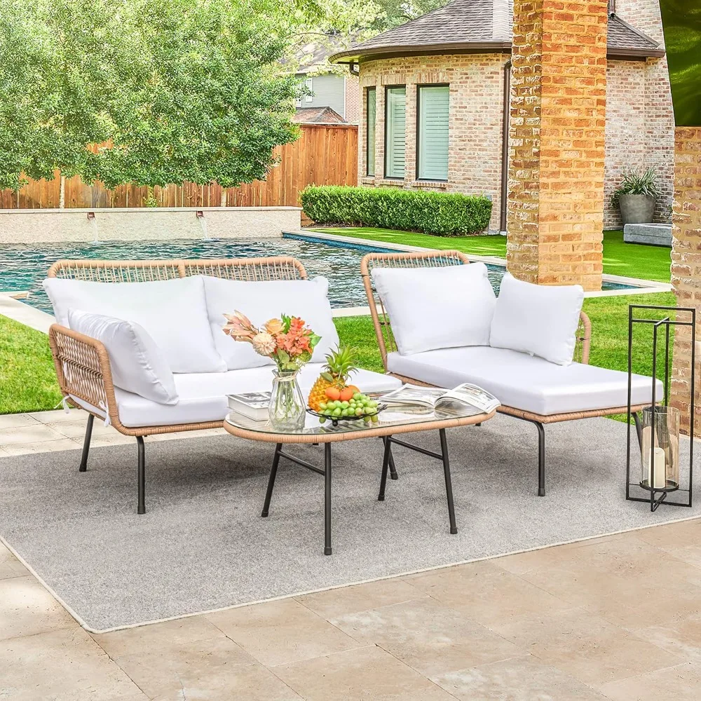 L-Shaped Outdoor Sectional Sofa Set with Cushions and Patio Table, Rope Woven for Conversation Area