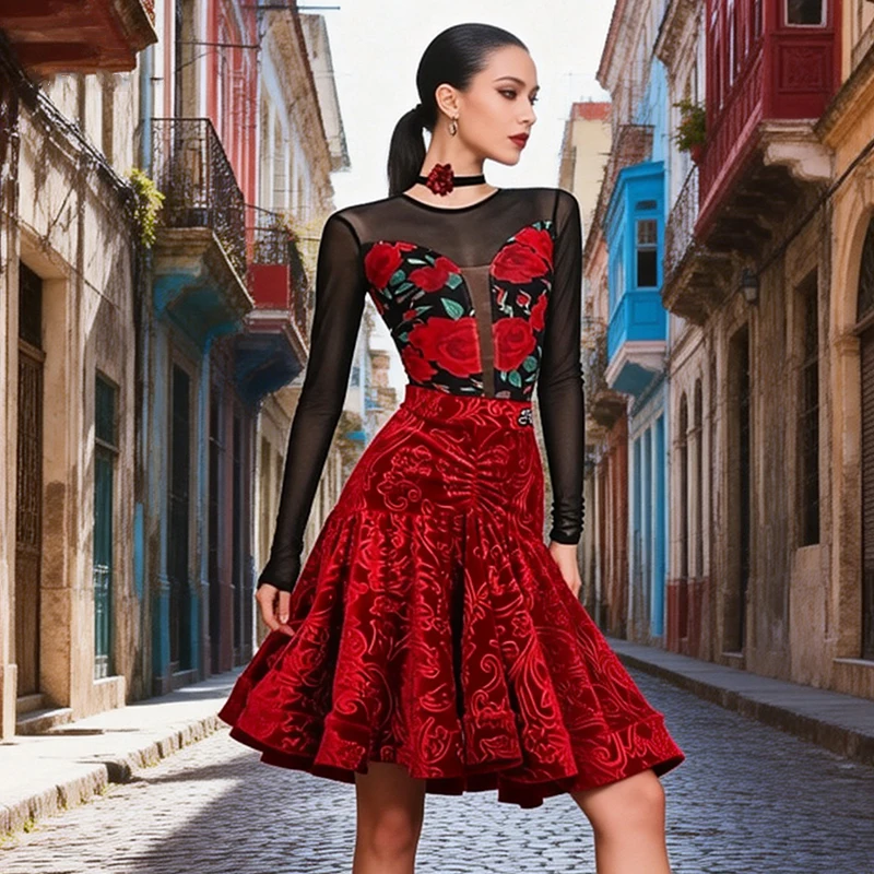 

Красно-черный костюм для латинских танцев для женщин, боди с сетчатыми рукавами, бархатная юбка, профессиональный костюм для латинских танцев для взрослых, тренировочная одежда VDL5077