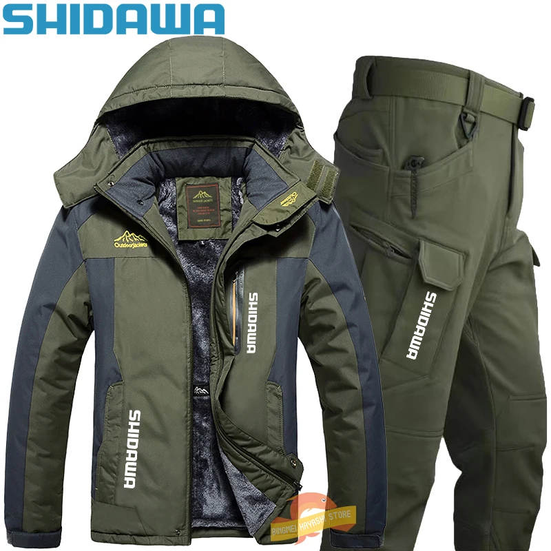 Men Winter Thicken Warm Fishing Suits Outdoor Windproof Waterproof  Hiking Camping Coldproof Suit Jacket + Pants Two Piece Set