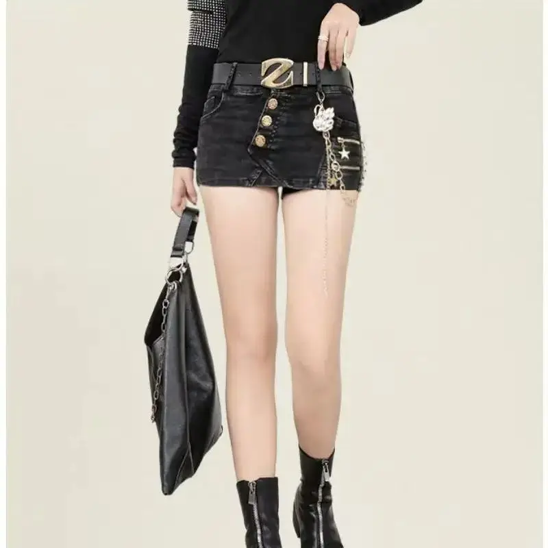 Women's Black Gothic Denim Short Skirt Y2K Harajuku High Street Aesthetic 2000S Fashion Sexy Retro Casual Lined Skirt Clothing
