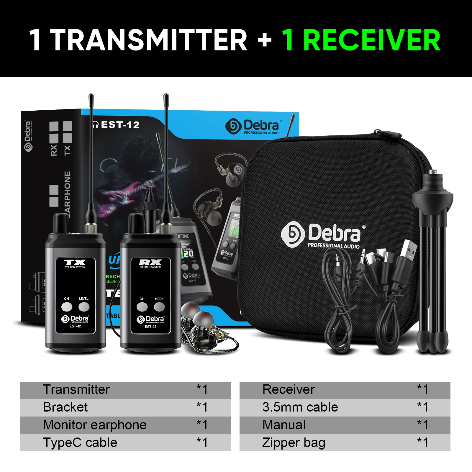 Debra Stereo EST-12 Kabelloses In-Ear-Monitor-System, UHF 560-590MHz, Zweikanal-IEM-System, 80m Reichweite, Wiederaufladbar für Performer – Detail 13