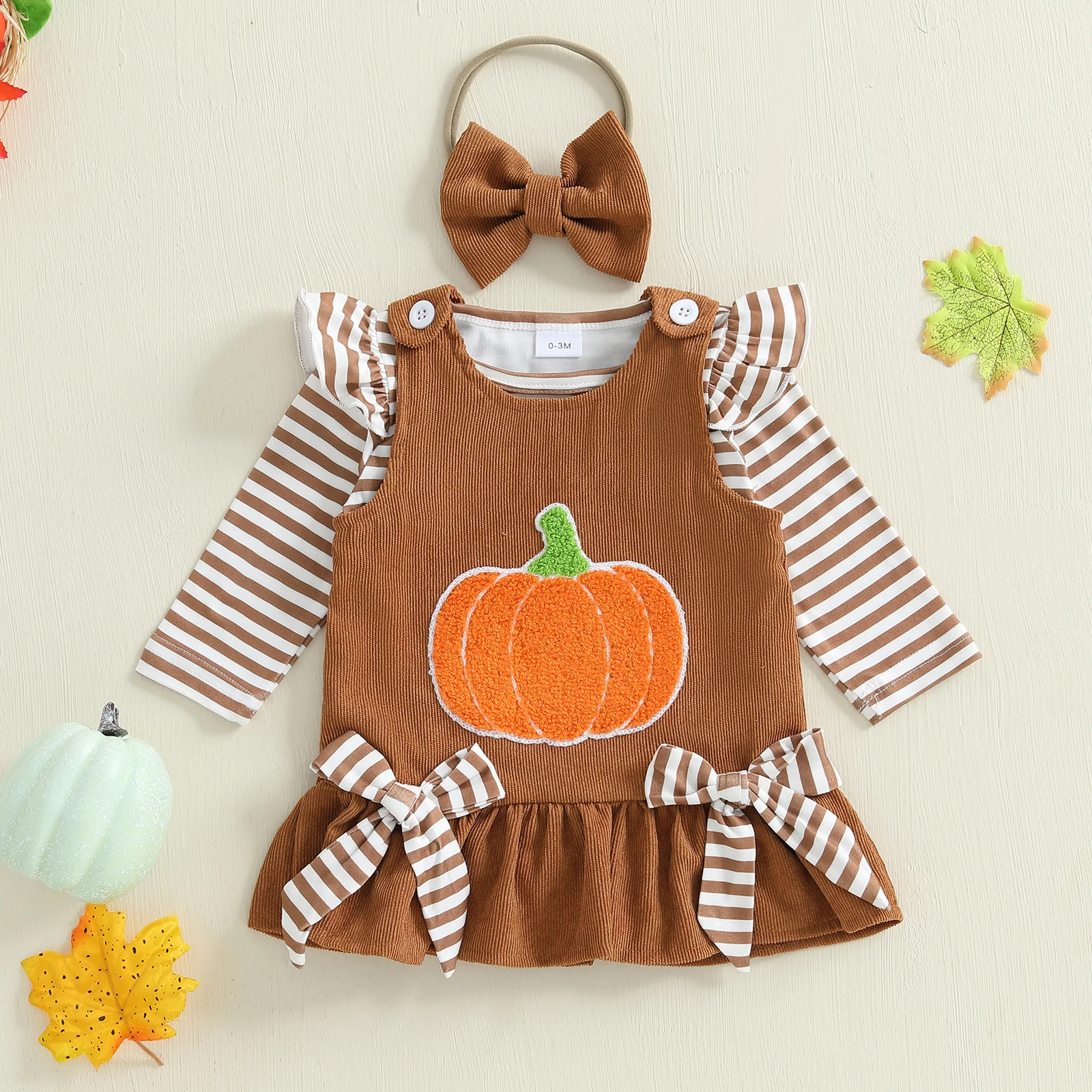 

SUNSIOM Infant Baby Girl Halloween Clothes Long Sleeve Striped/Dot Romper Sleeveless Ghost/Pumpkin Bow Dress with Headband 3Pcs